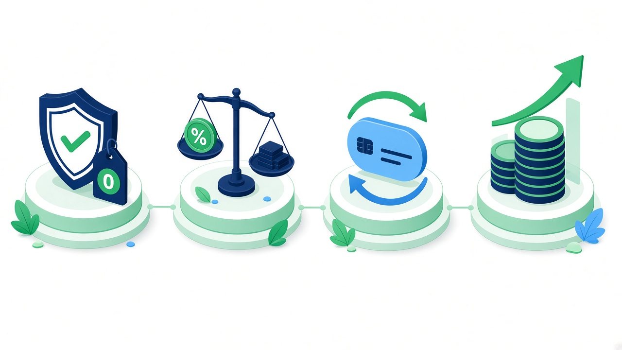 Illustration of no fees, low rate, revolving credit and growing funds