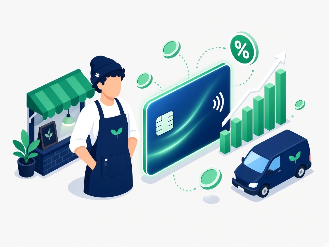 Illustration of a small business owner with a business credit card and growing cash flow