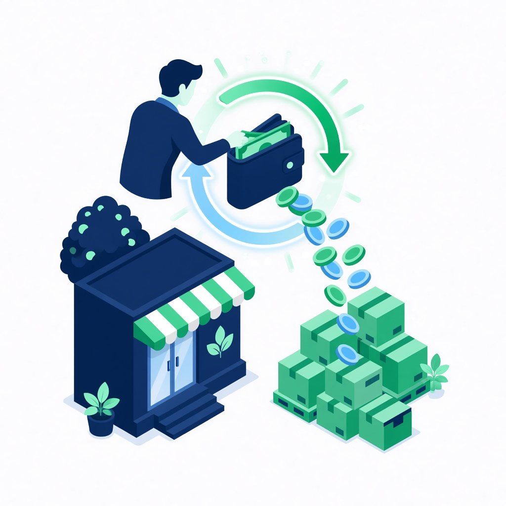 Illustration of a business owner drawing revolving funds for stock